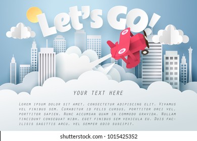 Paper art of red air plane flying out from cloud with let's go text and copy space, Origami idea and start up or adventure concept, vector art and illustration.