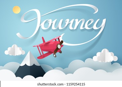 Paper art of red air plane and journey calligraphy lettering, origami and travel concept, vector art and illustration.
