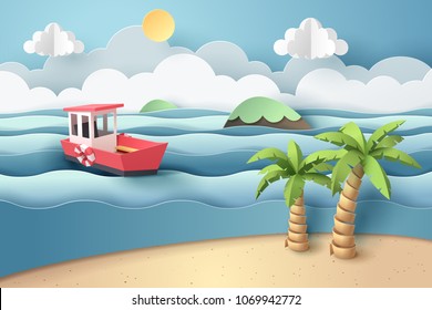 Paper art of red boat at beach, origami and travel concept, vector art and illustration.