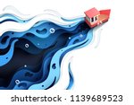 Paper art of red boat and the sea, origami and travel concept, vector art and illustration.