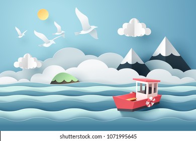 Paper art of red boat and the sea, origami and travel concept, vector art and illustration.