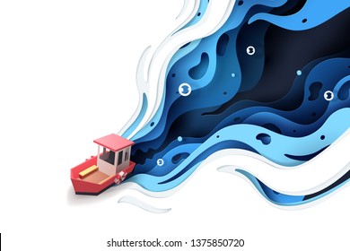 Paper art of red boat and the sea, origami and travel concept, vector art and illustration.