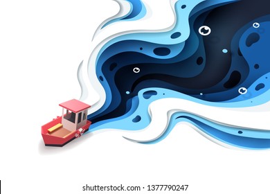 Paper art of red boat and the sea, origami and travel concept, vector art and illustration.