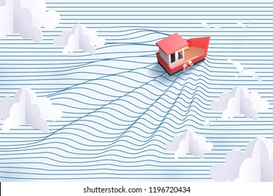 Paper art of red boat and striped sea, origami and travel concept, vector art and illustration.