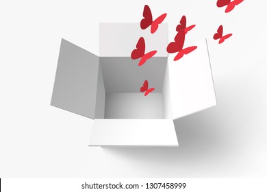 Paper art of red butterfly fly out from opened gift box, vector art and illustration.