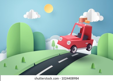 Paper Art Of Red Car Jumping On Mound, Origami And Travel Concept, Vector Art And Illustration.