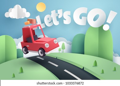 Paper art of red car jumping on mound with Let's go text, origami and travel concept, vector art and illustration.