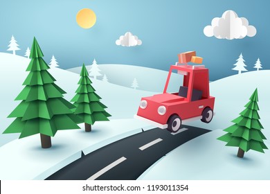 Paper Art Of Red Car Jumping On Mound Of Snow, Travel And Season Concept, Vector Art And Illustration.