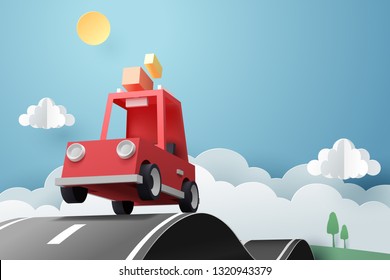 Paper Art Of Red Car Jumping On Mound, Origami And Travel Concept, Vector Art And Illustration.