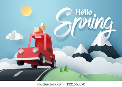 Paper Art Of Red Car Jumping On Mound, Origami And Travel Concept, Vector Art And Illustration.