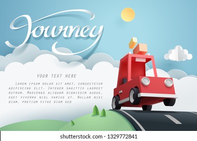 Paper Art Of Red Car Jumping On Mound, Origami And Travel Concept, Vector Art And Illustration.