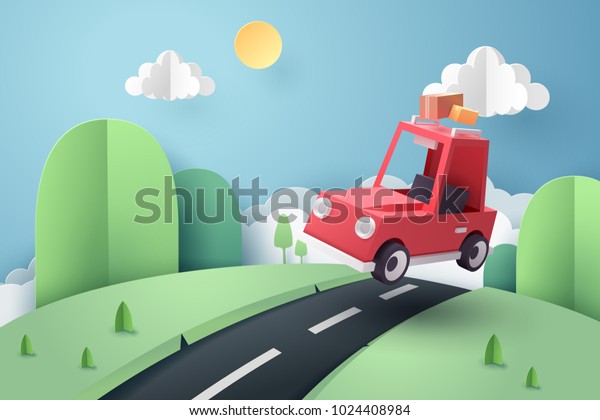 Paper art of red car jumping on\
mound, origami and travel concept, vector art and\
illustration.
