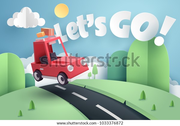 Paper art of\
red car jumping on mound with Let\'s go text, origami and travel\
concept, vector art and\
illustration.