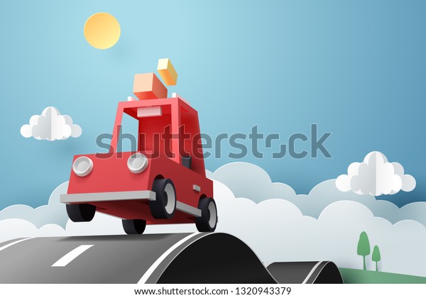 Paper art of red car jumping on\
mound, origami and travel concept, vector art and\
illustration.