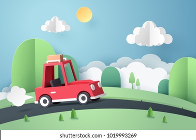 Paper art of red car move along country road near mountain, origami and travel concept, vector art and illustration.