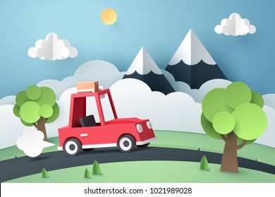 Paper art of red car move along country road near mountain, origami and travel concept, vector art and illustration.