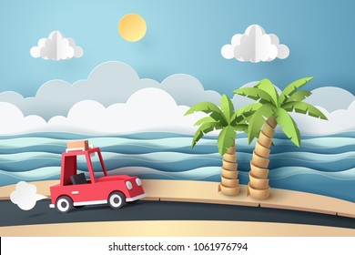 Paper art of red car move along country road at the beach, origami and travel concept, vector art and illustration.