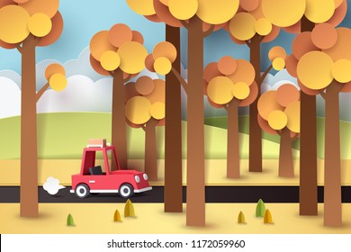 Paper art of red car move along country road, origami and travel concept, vector art and illustration.