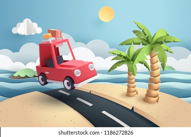 Paper art of red car move along country road at the beach, origami and travel concept, vector art and illustration.