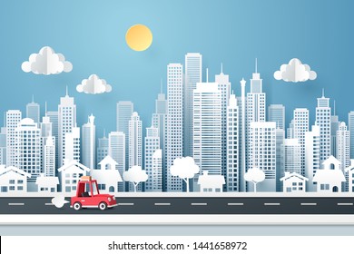 Paper art of red car move along the road in paper town, travel and ecology world sustainable concept, vector art and illustration.