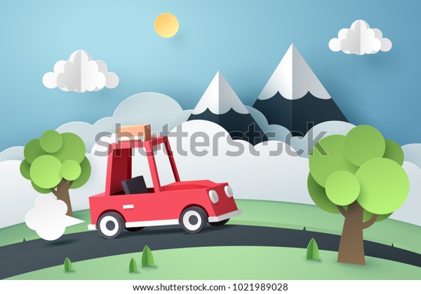 Paper art of\
red car move along country road near mountain, origami and travel\
concept, vector art and\
illustration.