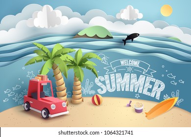 Paper Art Of Red Car Park At Beach With Welcome Summer Text, Origami And Travel Concept, Vector Art And Illustration.