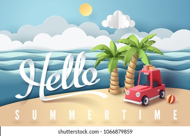 Paper art of red car park at beach with hello summertime text, origami and travel concept, vector art and illustration.