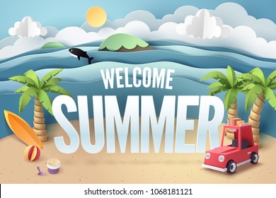 Paper art of red car park at beach with welcome summer text, origami and travel concept, vector art and illustration.