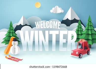 Paper Art Of Red Car Park At Snow Field With Welcome Winter Text, Origami And Travel Concept, Vector Art And Illustration.