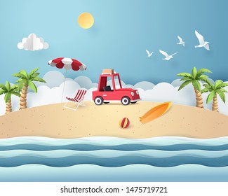 Paper art of red car park at beach. origami and travel concept. vector art and illustration.