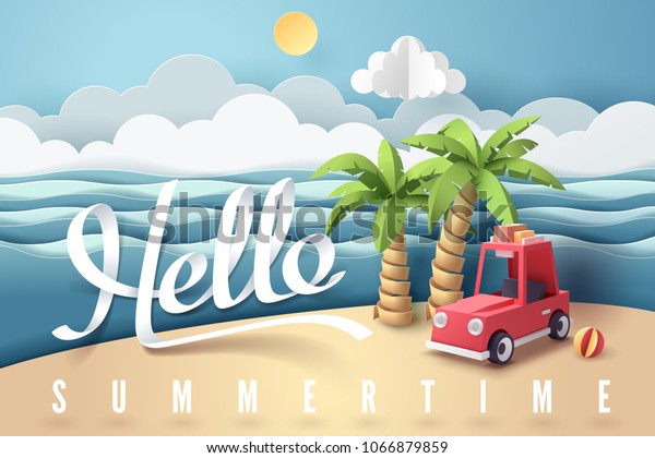 Paper
art of red car park at beach with hello summertime text, origami
and travel concept, vector art and
illustration.