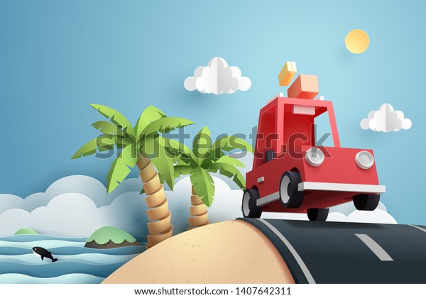 Paper art of red car run at beach,\
origami and travel concept, vector art and\
illustration.