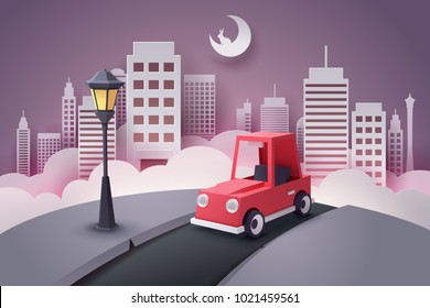 Paper art of red car running out from the city at night, vector art and illustration.