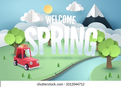 Paper art of red car stop at a park near river and mountain with welcome Spring, origami and travel concept, vector art and illustration.