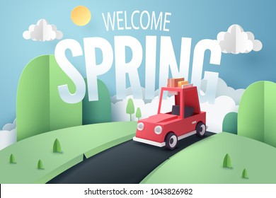 Paper art of red car stop at country road near forest and mountain with welcome Spring text, origami and travel concept, vector art and illustration.