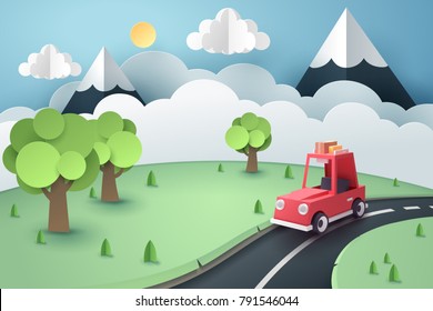 Paper art of red car stop at country road near forest and mountain, origami and travel concept, vector art and illustration.