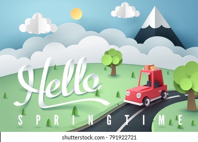 Paper art of red car stop at country road near forest and mountain with Hello Spring calligraphy hand lettering, origami and travel concept, vector art and illustration.