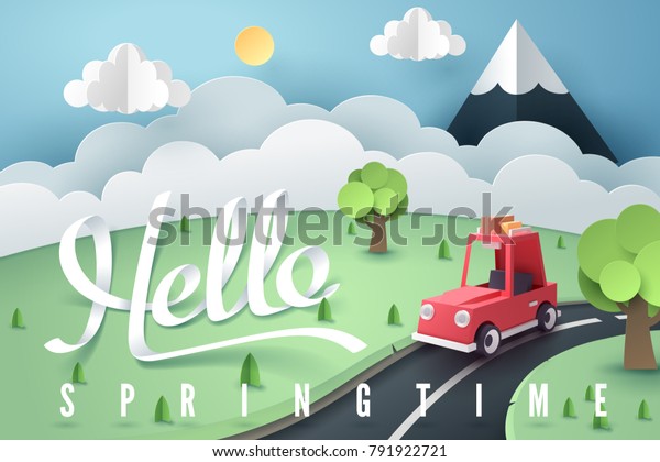 Paper art of red\
car stop at country road near forest and mountain with Hello Spring\
calligraphy hand lettering, origami and travel concept, vector art\
and illustration.