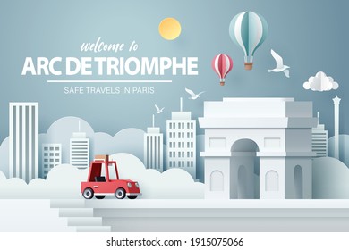 Paper Art Of Red Car Take Travel To Arch Of Triumph In Paris After Covid-19 Outbreak End, Safe Travels And Journey In Paris Concept, Vector Art And Illustration.