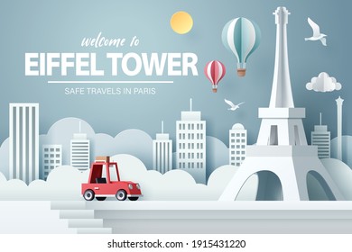 Paper art of red car take travel to Eiffel tower in Paris after Covid-19 outbreak end, safe travels and journey in Paris concept, vector art and illustration.