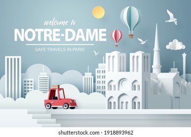 Paper art of red car take travel to Notre-dame de Paris in Paris after Covid-19 outbreak end, safe travels and journey in Paris concept, vector art and illustration.