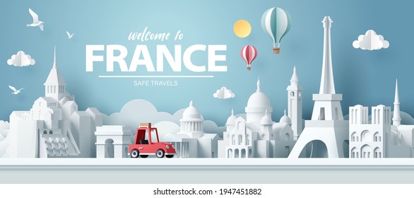 Paper art of red car take travel to France after Covid-19 outbreak end, safe travels and journey concept, vector art and illustration.