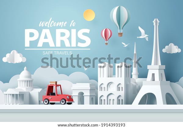 Paper art of red car take travel to Paris\
after Covid-19 outbreak end, safe travels and journey in Paris\
concept, vector art and\
illustration.