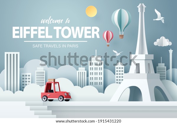 Paper art of red car take travel to\
Eiffel tower in Paris after Covid-19 outbreak end, safe travels and\
journey in Paris concept, vector art and\
illustration.