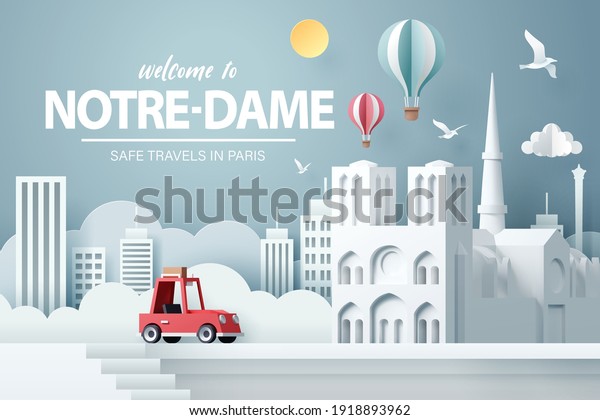 Paper art of red car take\
travel to Notre-dame de Paris in Paris after Covid-19 outbreak end,\
safe travels and journey in Paris concept, vector art and\
illustration.