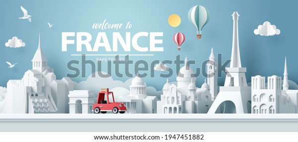 Paper art of red car take travel to France\
after Covid-19 outbreak end, safe travels and journey concept,\
vector art and\
illustration.