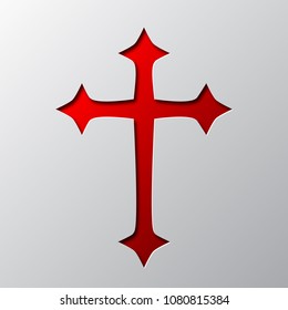 Paper art of the red Christian cross isolated. Vector illustration. Christian cross icon is cut from paper.