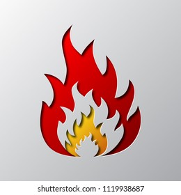 Arte de papel aislado del fuego rojo. Ilustración vectorial. La llama se corta del papel.