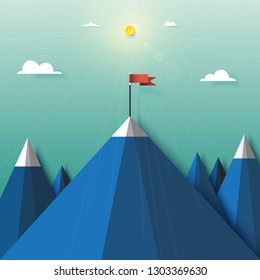 Paper art of red flag on peak of mountain outdoor landscape background.Business target and success concept.Vector illustration.