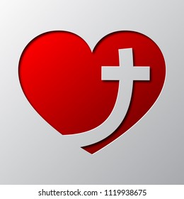 Paper art of the red heart with christian cross, isolated. Vector illustration. Christian symbol of the love is cut from paper.